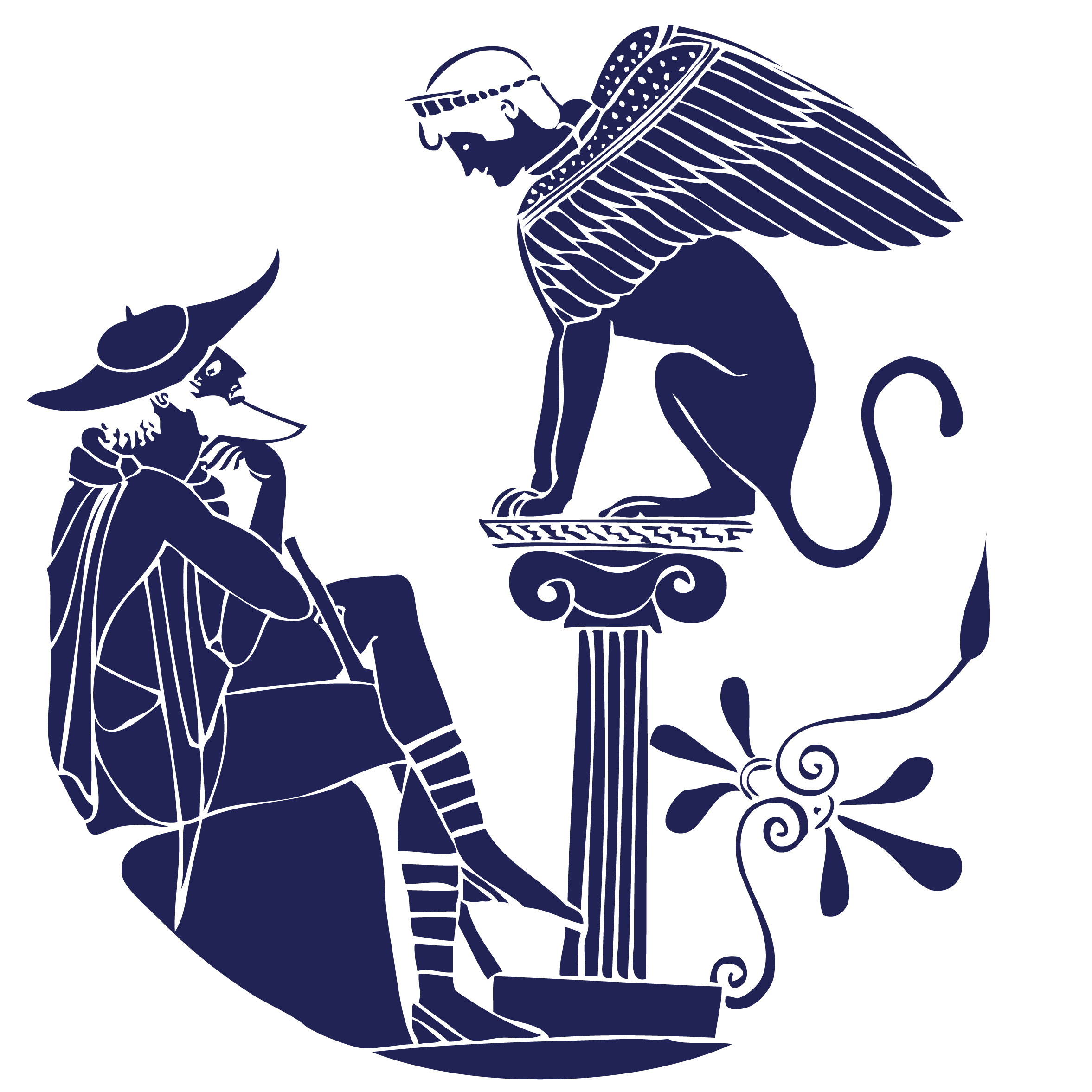 Logo von SGPA, in der eine Mischung aus Mensch, Adler und Katze auf einer Säule vor einem älteren Mann sitzt.