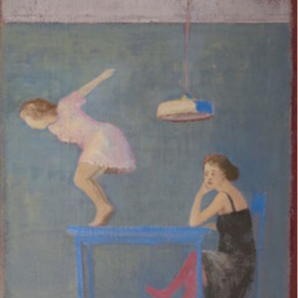 Cover indem ein gemaltes Kind vom Tisch springt während die Mutter zuschaut.